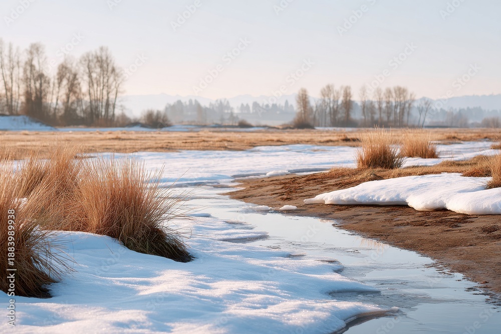 Fototapeta premium Late winter landscape with melting snow and a quiet stream across open fields at sunrise