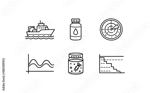 Set of six simple line icons representing research and data analysis concepts