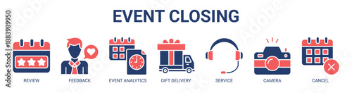Event Closing web banner icon vector illustration concept with icon of review, feedback, event analytics, gift delivery, service, camera, and cancel.