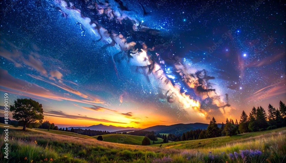Fototapeta premium Dramatic Milky Way Galaxy Over Mountain Landscape at Twilight with Vibrant Aurora