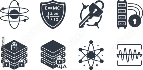 A collection of security and science icons on a white background