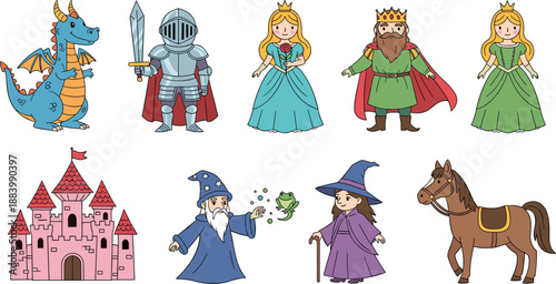 Fantasy fairy tale character vector set with dragon knight princess king wizard witch castle and horse isolated