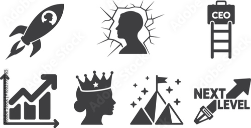 A collection of black and white icons representing business success and growth