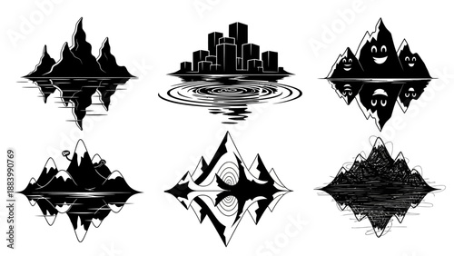 Collection of unique mountain and city skylines reflected in water, showcasing diverse landscapes and urban environments