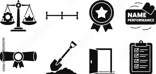 A collection of black icons representing business performance and achievement