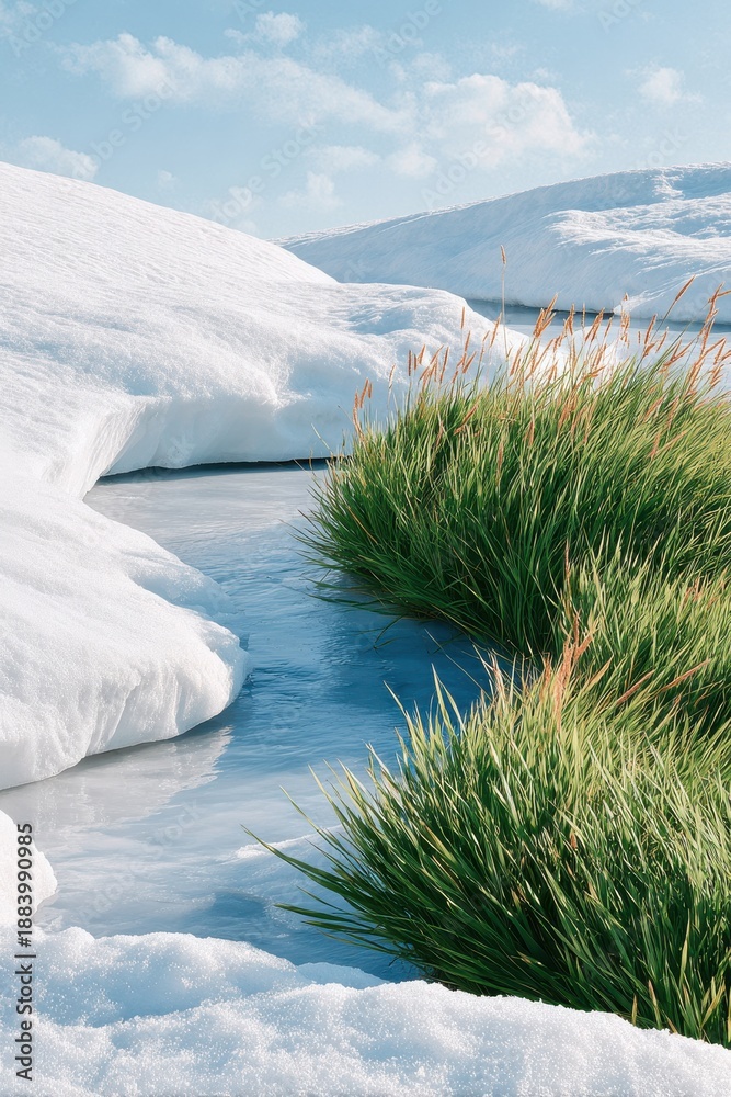 Fototapeta premium Snowy field with melting ice and lush grass along a blue stream under a bright sky