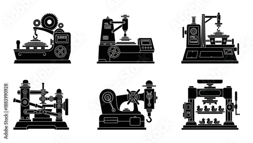 Set of black and white vintage industrial machinery illustrations vector collection of old factory equipment isolated on white