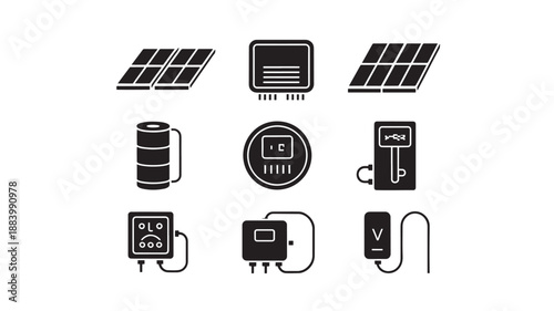 Set of simple black icons representing renewable energy sources and technology on a white background