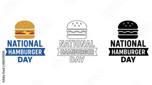 National Hamburger Day logos and icons in different colors and styles