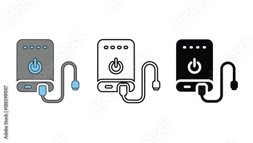 A set of three battery icons with power symbols and charging cables