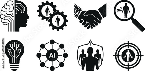 A collection of black and white icons representing artificial intelligence concepts