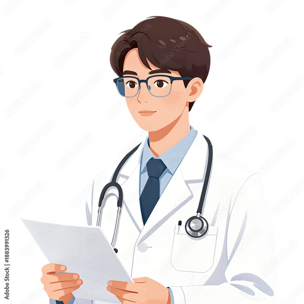 Fototapeta premium Young male doctor in white coat holding clipboard