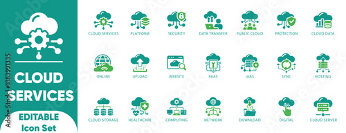 Cloud Computing Services Data Storage Server Hosting Technology Security Vector Icon Set