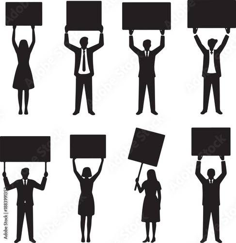 Silhouettes of People Holding Blank Signs Vector Illustration. Protest, Demonstration, Advocacy Concept Icon.
