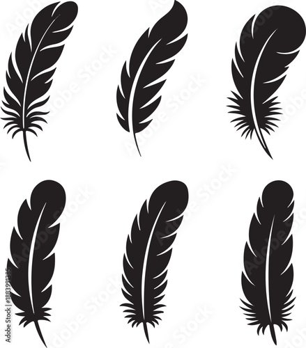 Set of Black Feather Silhouettes Vector Illustration. Bird Plumage, Quill, Decoration Graphic Icons.