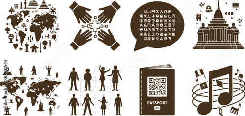 A collection of travel and culture icons on a white background