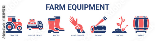 Farm Equipment web banner icon vector illustration concept with icon of tractor, pickup truck, boots, hand gloves, sawing, shovel, and barrel.
