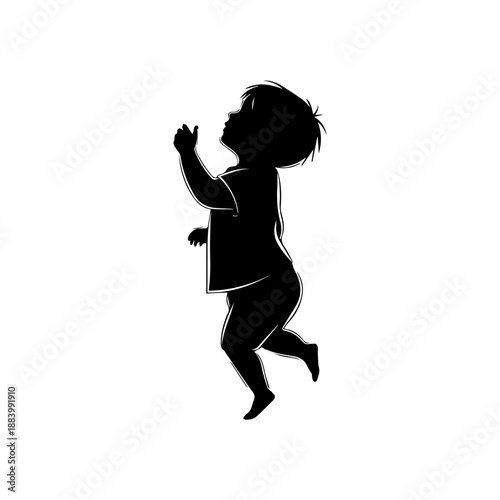 A young child jumping in the air with arms outstretched in a joyful silhouette illustration