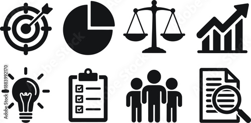 A collection of business and finance icons on a white background