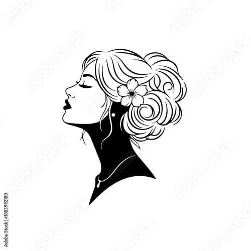 Illustration of a woman's profile with elegant hairstyle and flower adornment
