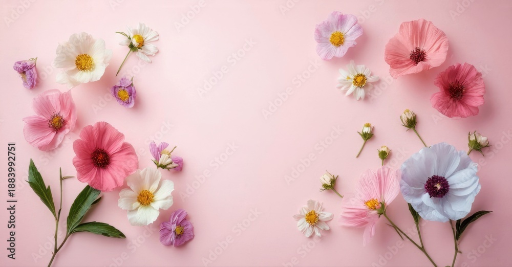 Fototapeta premium Floral arrangement. Delicate cosmos blooms scattered across soft pink background. Gentle colors, simple composition.