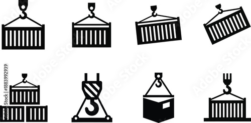 Containers being lifted by crane hooks. Cargo transport, shipping, and industrial lifting equipment vector icons set. Containers being lifted by crane hooks silhouettes. 