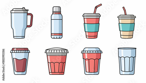 A collection of various outlined cartoon-style drink containers including travel mugs, water bottles, disposable coffee cups, and glasses on a white background.