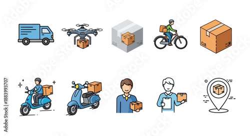 A collection of colorful icons illustrating various methods and aspects of package delivery and logistics, including trucks, drones, bicycles, scooters, and delivery personnel.