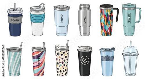 A diverse collection of insulated travel mugs, tumblers, and reusable beverage cups in various styles, colors, and materials, suitable for hot or cold drinks.