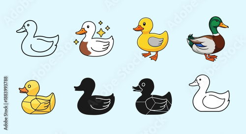 A collection of eight cartoon ducks in various styles and colors, including white, yellow, black, and a mallard, on a light blue background.