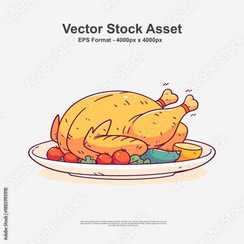 Vector illustration of roasted chicken in EPS format with detailed shading and clean lines. Perfect for restaurant menus, BBQ designs, culinary icons, and food packaging artwork.