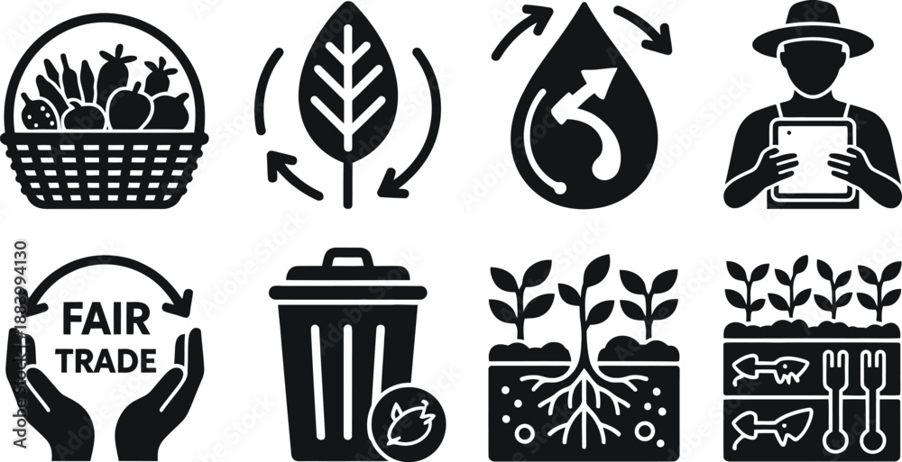 Fototapeta premium A collection of eco-friendly icons representing sustainable living and fair trade practices