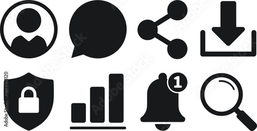 A collection of black icons on a white background for business and technology