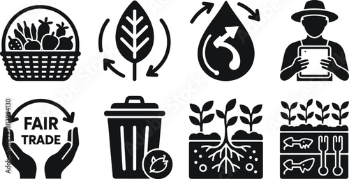A collection of eco-friendly icons representing sustainable living and fair trade practices