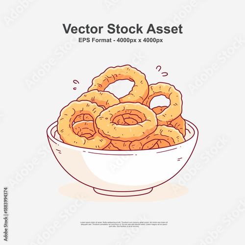 Vector illustration of crispy onion rings in a bowl in EPS format. Perfect for fast food menus, snack packaging, restaurant branding, food icons, and culinary graphic designs.