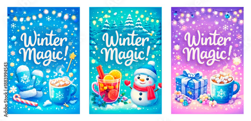 Winter magic cards, festive colorful vector set. Three bright cute cliparts