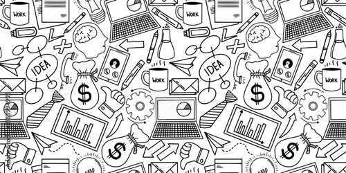 Hand drawn seamless pattern of business and finance elements. Doodle sketch style. Modern freelance work life seamless doodle