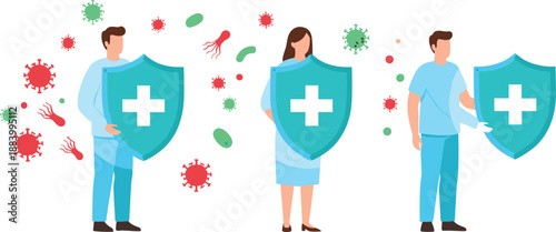 Healthcare protection concept illustration with medical staff holding shield against virus and bacteria infection in flat vector style