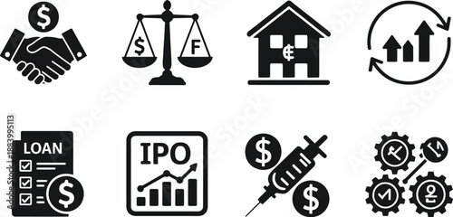 A collection of black and white financial icons on a white background
