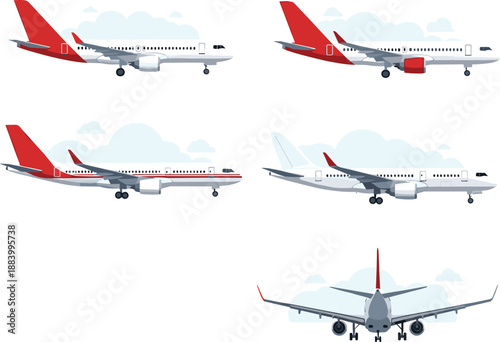 Passenger airplane vector set with commercial jet aircraft flying landing and takeoff aviation illustrations isolated