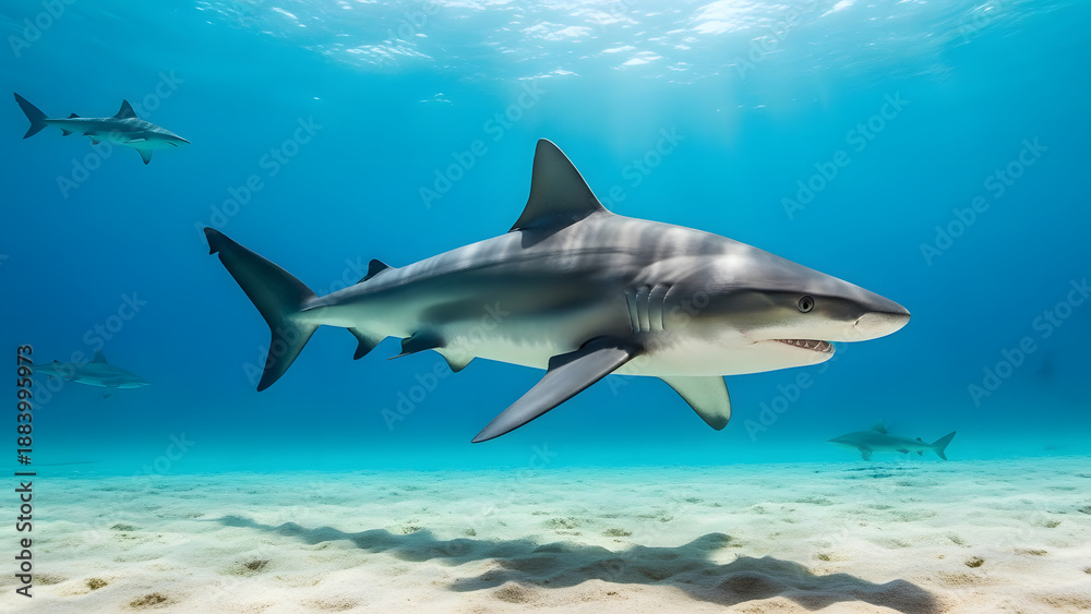 Fototapeta premium A shark swimming in the shallow water near the sandy beach