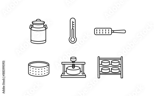 Collection of cheese making equipment icons for dairy production and artisanal cheesemaking