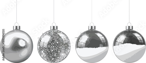 Silver Christmas baubles vector set with shiny glitter and matte holiday ornaments hanging decoration isolated