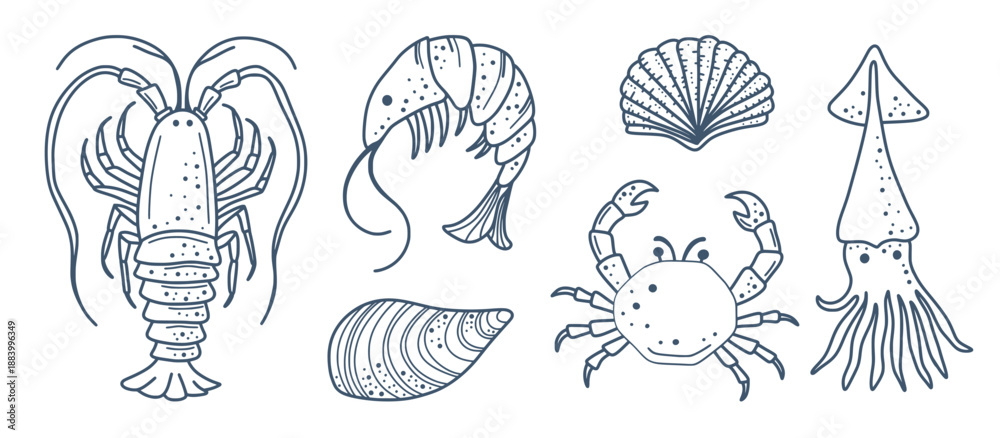 Obraz premium A simple set of seafood themed elements in colored and outline styles. Ideal for modern packaging and creative layouts.