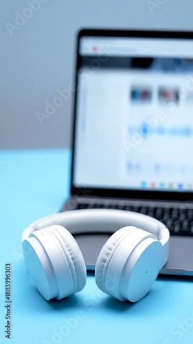 White headphones rest on a laptop showing a music player interface