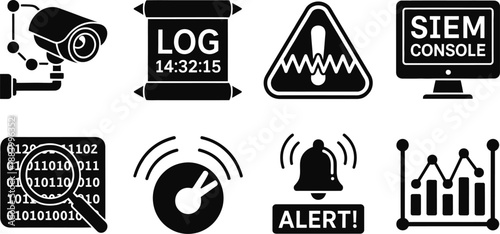 A collection of black and white icons representing security and technology concepts