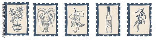 Decorative stamp collection inspired by Italian coastal cuisine and lifestyle. Works well for branding, menus and packaging.