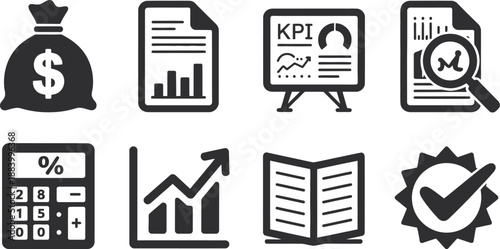A collection of business and finance icons on a white background