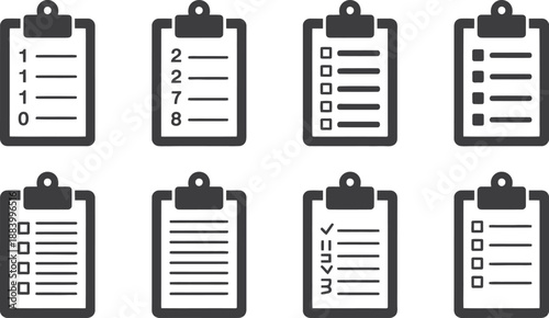 A set of clipboard icons with various checklists and notes
