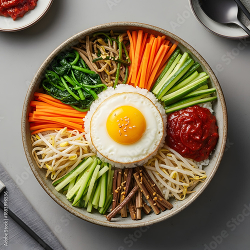 Assorted vegetables and egg in a bowl on a gray table